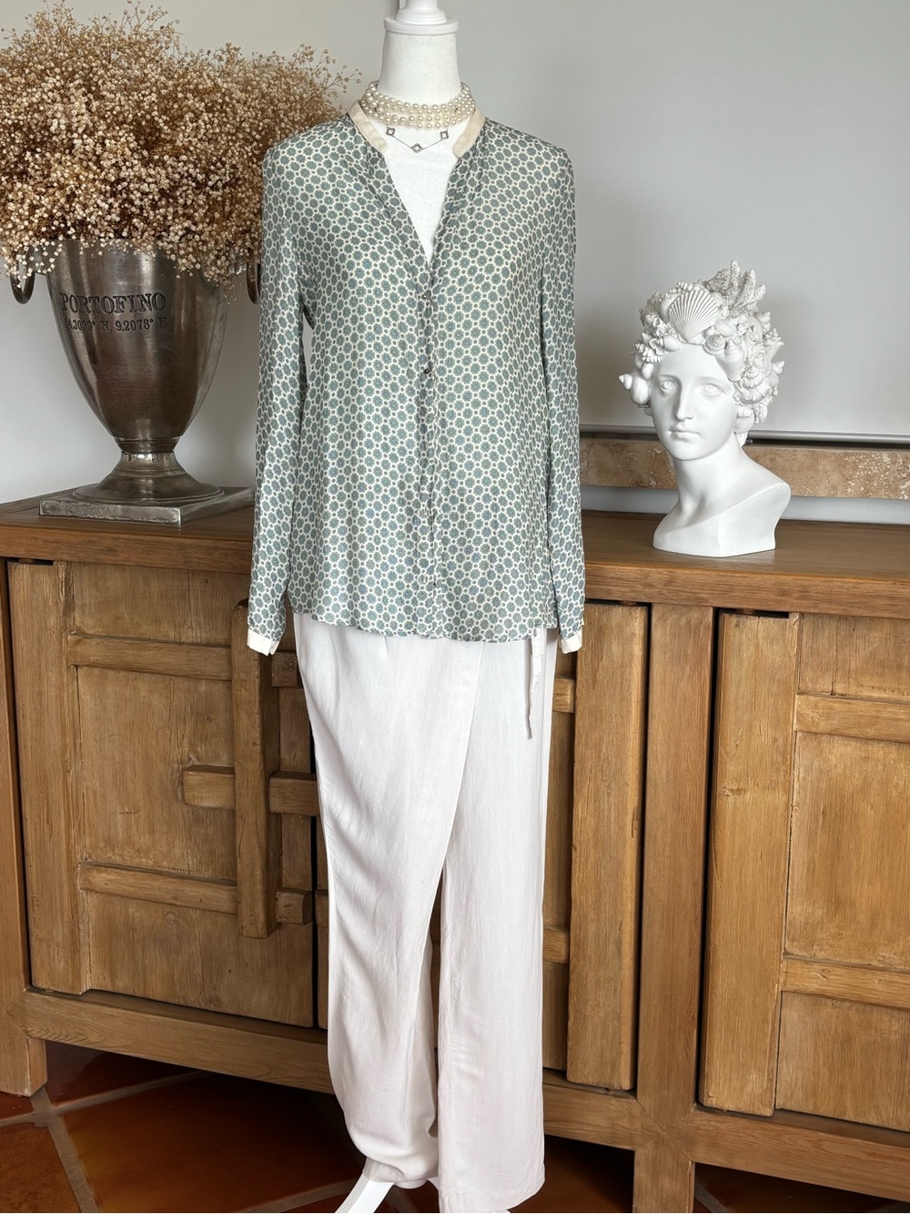 Zara 100% Mulberry Silk Floral Blouse M Ivory Teal Quiet Luxury Autumn Chic Fall - Picture 14 of 16